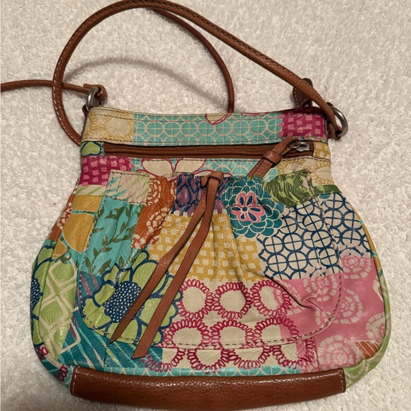 Fossil Blue and Pink Crossbody Bag with Artistic Patchwork Design - Picture 2 of 3